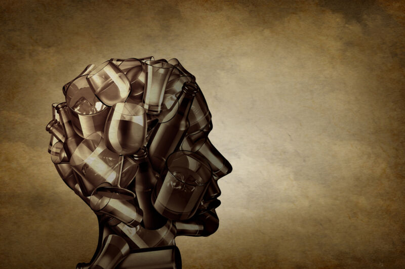 Alcohol and depression signs as a mental health symbol for psychological dependence of alcoholic drinks as hard liquor wine and beer as a 3D illustration.